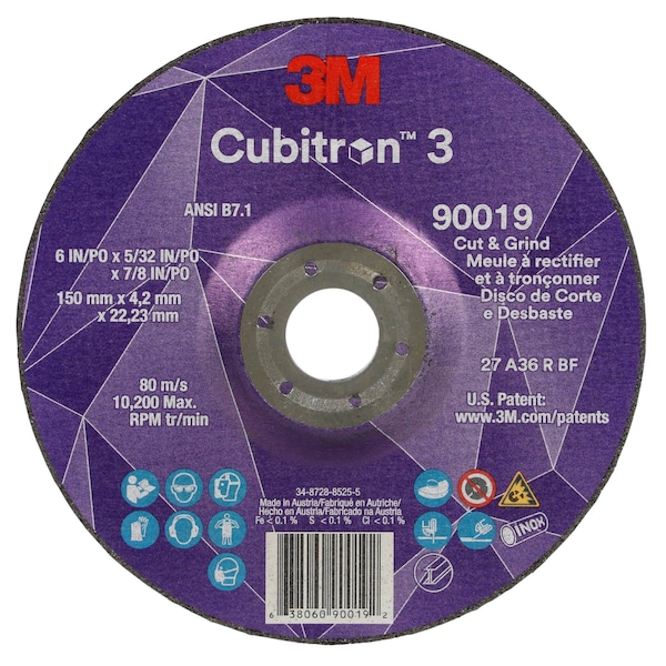 Rueda de corte y rectificado 3M Cubitron 3, 90019, 36+, T27, 6 pulgadas x 5/32 pulgadas x 7/8 pulgadas (150 x 4.2 x 22.23 mm), ANSI, 10/paquete - 90019