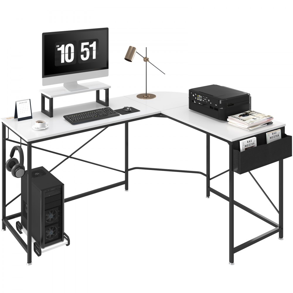VEVOR L Shaped Computer Desk, 59'' Corner Desk with Storage Bag, Monitor Riser and CPU Stand, Work Desk Gaming Desk for Home Office Workstation, White - XZJBGZL59INCH9LNOV0