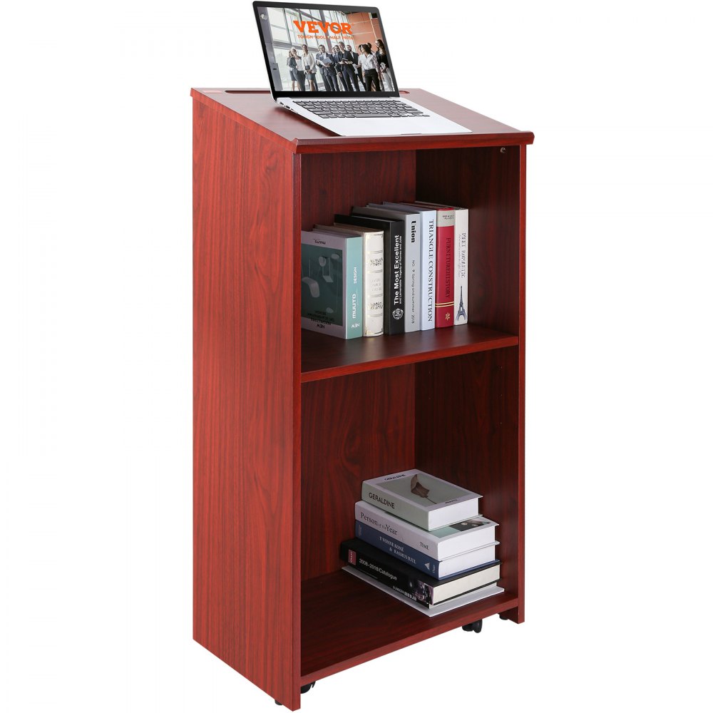 VEVOR Podium Stand, 47 inch Hostess Stand with 4 Rolling Wheels, Wood Podium with Storage Shelves and Slant Desktop, Lecterns & Podiums for Home, Office, School, Church, Brown - CTSJTZSYMDF47U54AV0