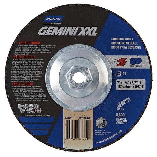 Ruedas de centro deprimido Norton Abrasives, Tipo 27, 7 pulgadas de diámetro, 0.25 pulgadas de grosor, tamaño de orificio de árbol de 5/8"-11, Óxido de aluminio - 66252843791.