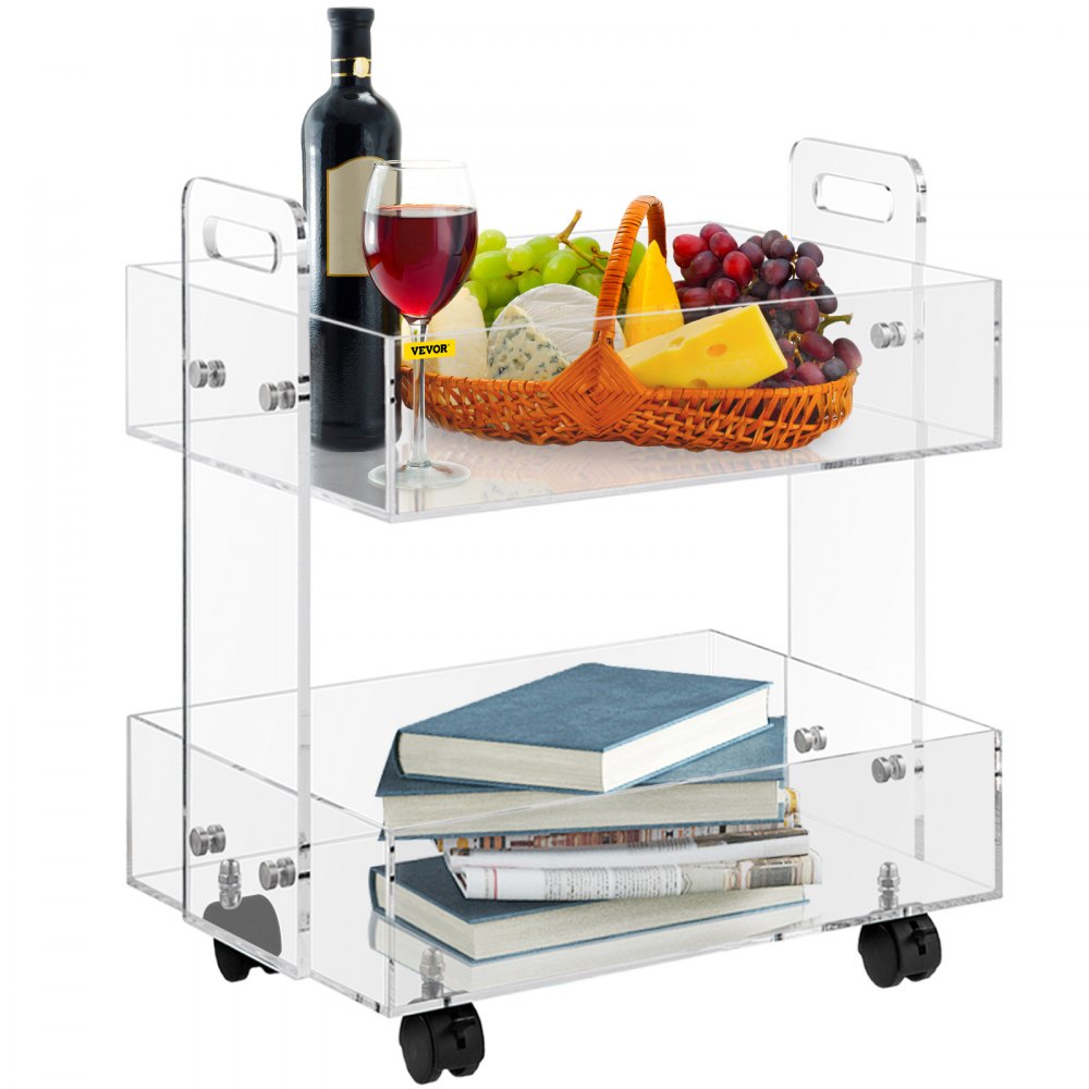 VEVOR Acrylic Cart, 2 Tier, 0.3 in Thickened Board, Holds Up to 66 lbs, Acrylic Side Table with Lockable Swivel Wheels, for Office School Home, 13.4" x 15.7" x 19" - GDYKLCWCECBDD1BA8V0
