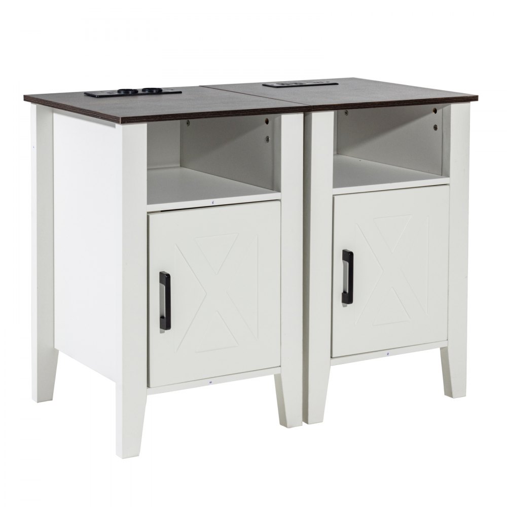 Farmhouse End Table Night Stand with USB Outlets LED Light Set of 2 White - BSBZ2JTBKFFXNUH6LV1