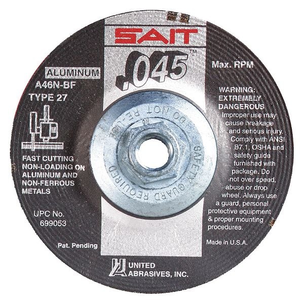 Rueda de corte de centro deprimido United Abrasives/Sait, Tipo 27, 4-1/2" de diámetro, .045" de grosor, tamaño de orificio de árbol de 5/8"-11 - 23320.