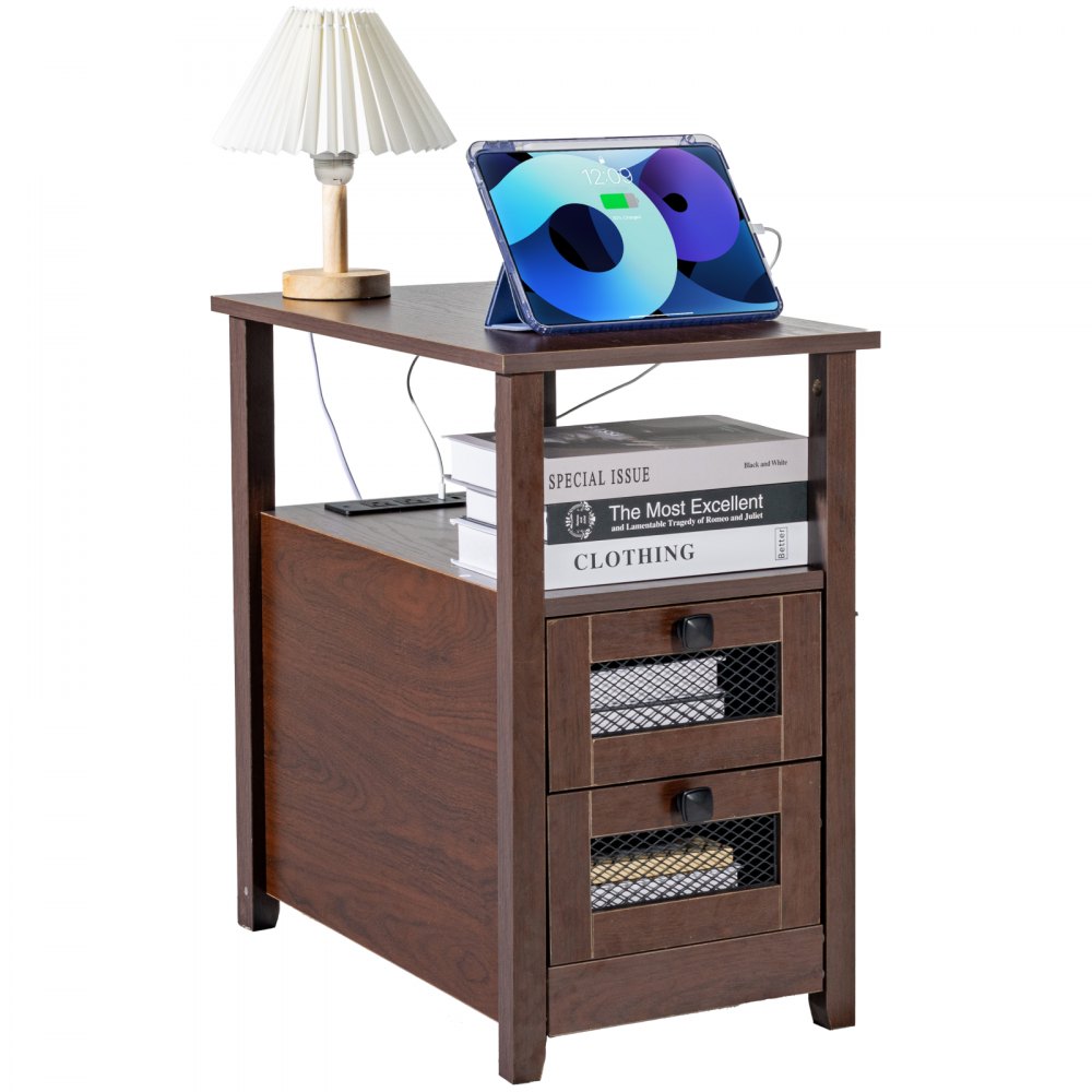 Farmhouse End Table Narrow Night Stand with USB Ports and Outlets Brown - BSBZ1JTBKFZXNV69LV1