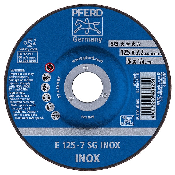 Rueda de rectificado Pferd de 5" x 1/4, 7/8" A.H. - SG INOX - Tipo 27 - 61106