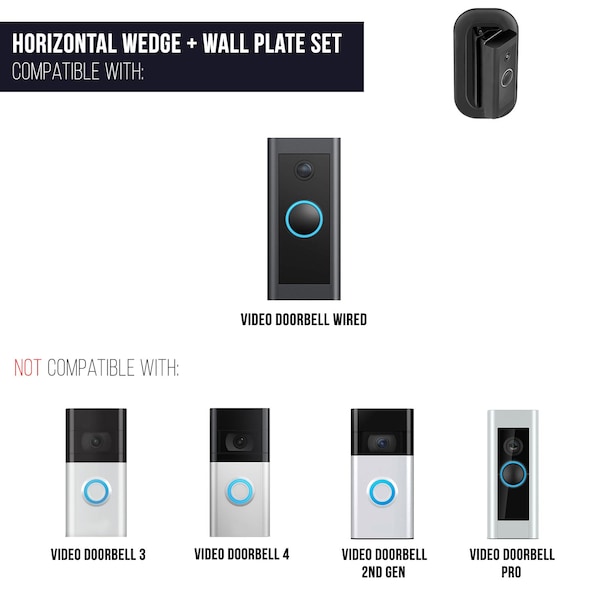 Wasserstein Doorbell Horizontal Adjustable Mount, and Wall Plate, 35 Deg to 55 Deg, for Ring Video Doorbell Wired - RingDBBatHorWdg+WlPltBlkUS