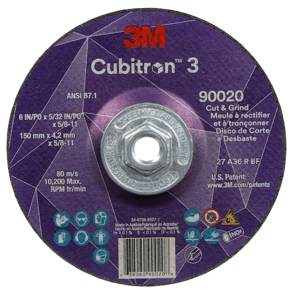 Rueda de Corte y Desbaste 3M Cubitron 3M Cubitron 3, 90020, 36+, T27, 6 pulgadas x 5/32 pulgadas x 5/8 pulgadas-11 (150 x 4.2 mm x 5/8-11 pulgadas), ANSI, 10 piezas por caja - 90020