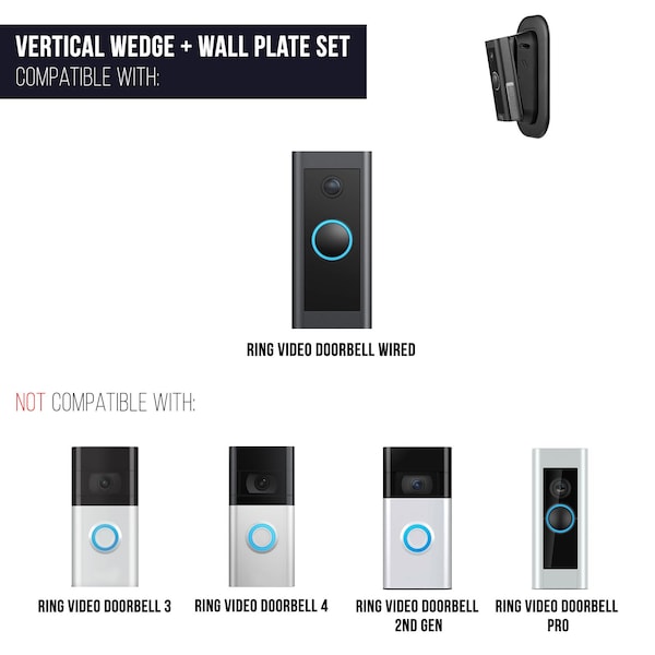 Wasserstein Doorbell Vertical Adj. Angle Mount, and Wall Plate, 0 Deg to 10 Deg, for Ring Video Doorbell Wired - RingDBBatVerWdg+WlPltBlkUS