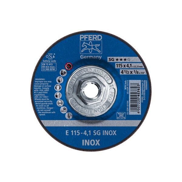 Rueda de rectificación Pferd de 4-1/2" x 1/8, 5/8-11 THD - SG INOX - Tipo 27 - 61113.