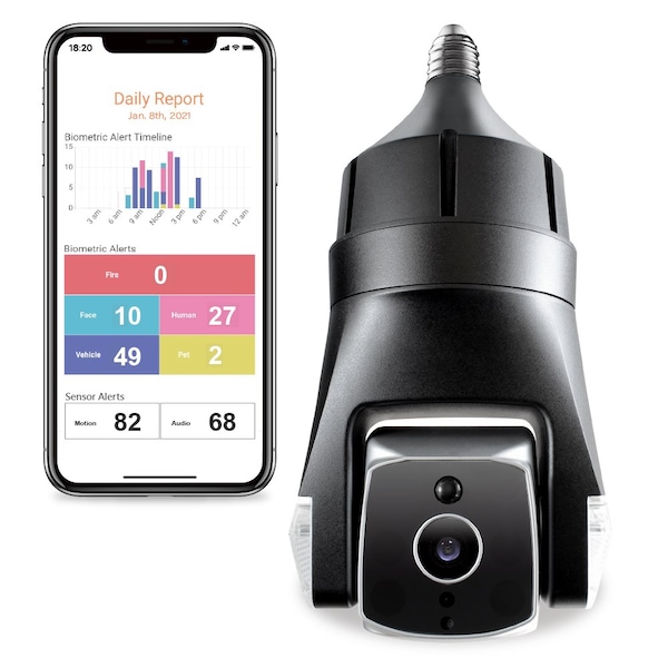 Amaryllo Triton Biometric Auto Tracking Outdoor Wi-Fi Security Camera with Light Bulb E26 - ACR1608R32BKE26C1