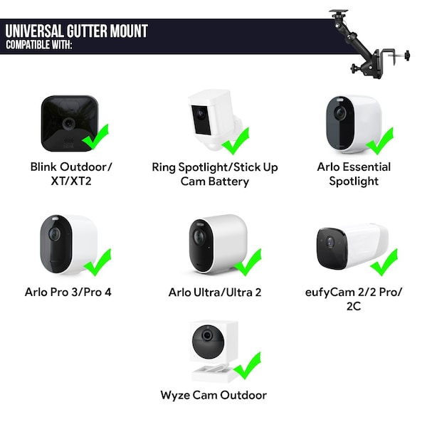 Wasserstein 2-in-1 Universal Camera Gutter Mount, for Wyze, Blink, Ring, Arlo, Eufy Camera, Black - UnivGutterMountBlkUS