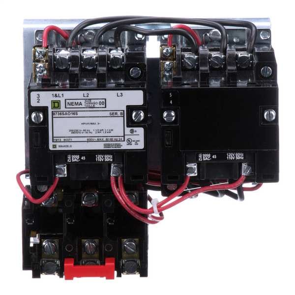 Arrancador magnético de motor reversible Square D, sin compartimento de protección, calificación NEMA, 120V AC, 3 polos, sin contactos auxiliares - 8736SAO16V02S