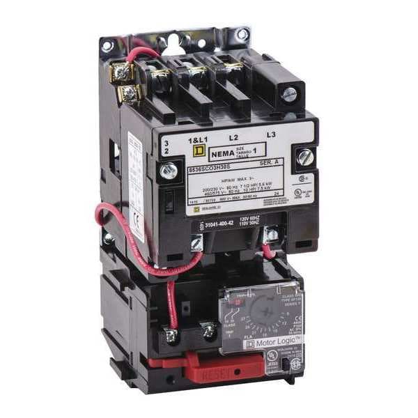 Arrancador magnético NEMA sin inversión de giro Square D, sin gabinete de clasificación NEMA, 120V CA, 3 polos, 1NO - 8536SCO3V02H30S.
