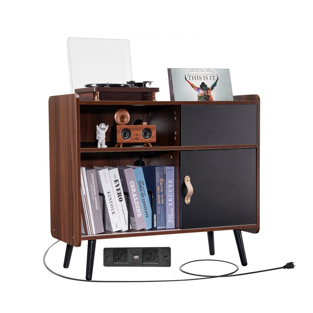Record Player Stand 3-Tier Wooden Turntable Stand Sliding Door Power Strip - DCJJMZSC300ZOFZE8V1