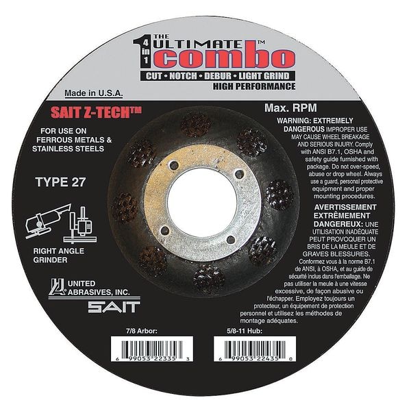 United Abrasives/Sait Rueda de corte de centro deprimido, Tipo 27, 4-1/2" de diámetro, .095" de grosor, tamaño de agujero de árbol de 7/8" - 22330