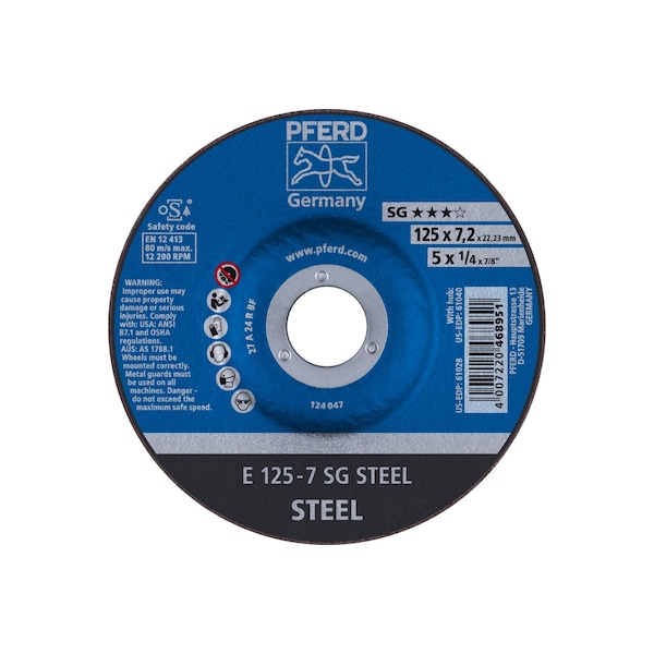 Rueda de esmerilado Pferd de 5" x 1/4, 7/8" de A.H. - Acero SG - Tipo 27 - 61028