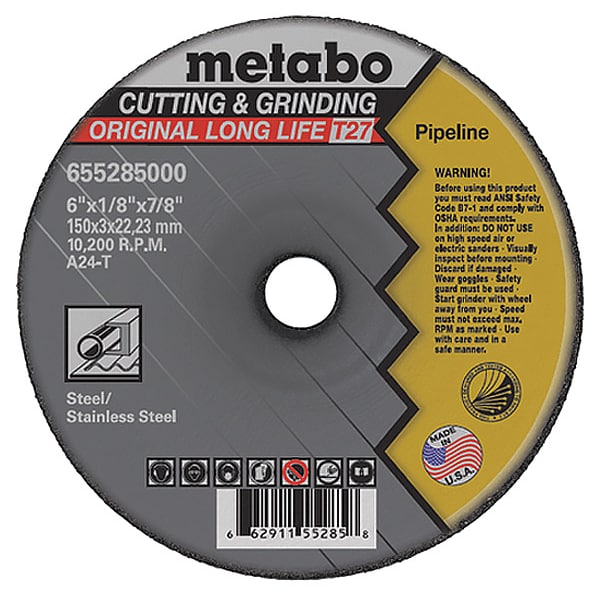 Rueda de tubería Metabo, T27, A24T, 6"X1/8"X7/8" - 655285000