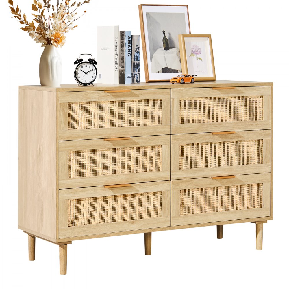 VEVOR 6 Drawer Rattan Dresser, Boho Dresser, Rattan Chest of Drawers with Spacious Storage, Natural Rattan Dresser for Bedroom, Living Room & Hallway,Rattan Nightstand with Sturdy Handles&Legs, Brown - TBCTJ6CYMSBDPJDY8V0