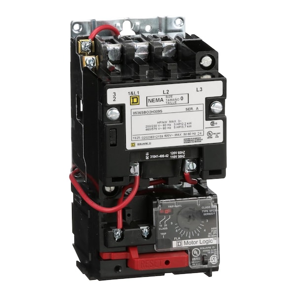 Arrancador de motor NEMA Square D, Tipo S, no reversible, Tamaño 0, 18A, 5HP a 460VCA, hasta 100kA SCCR, 3 fases, 3 polos, Motor Logic, bobina de 120VCA, abierto - 8536SBO2V02H309S.