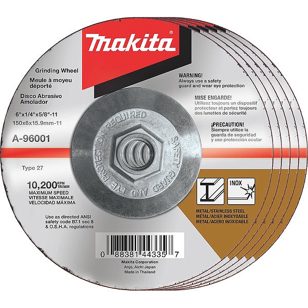 Rueda de Esmerilado Makita, con Centro, 36 Granos, 6", Paquete de 25 - A-96001-25