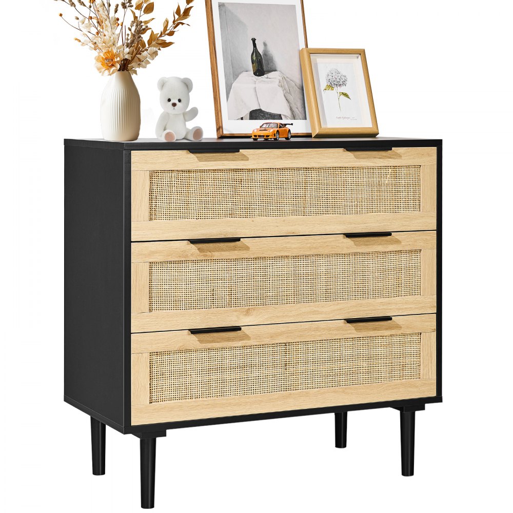 VEVOR 3 Drawer Rattan Dresser, Boho Dresser, Rattan Chest of Drawers with Spacious Storage, Natural Rattan Dresser for Bedroom, Living Room & Hallway,Rattan Nightstand with Sturdy Handles&Legs, Black - TBCTJ3CHSBDD51TZNV0