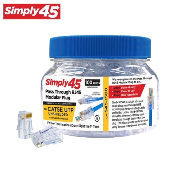 Simply45 Pass Through Blue Tint - Cat5e UTP - 100pc Jar - SIM-S45-1500