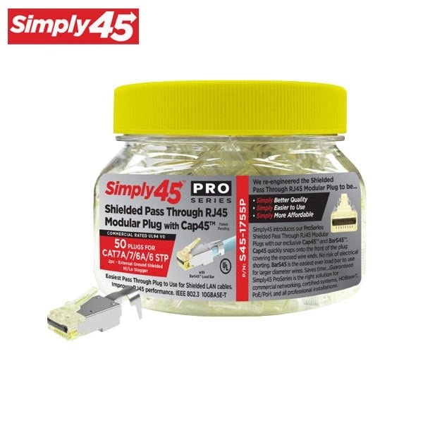Simply45 ProSeries Pass Through Shielded Red Tint, Hi/Lo Stagger - Cat6/6a STP with Cap45 & Bar45- 50pc Jar - SIM-S45-1755P