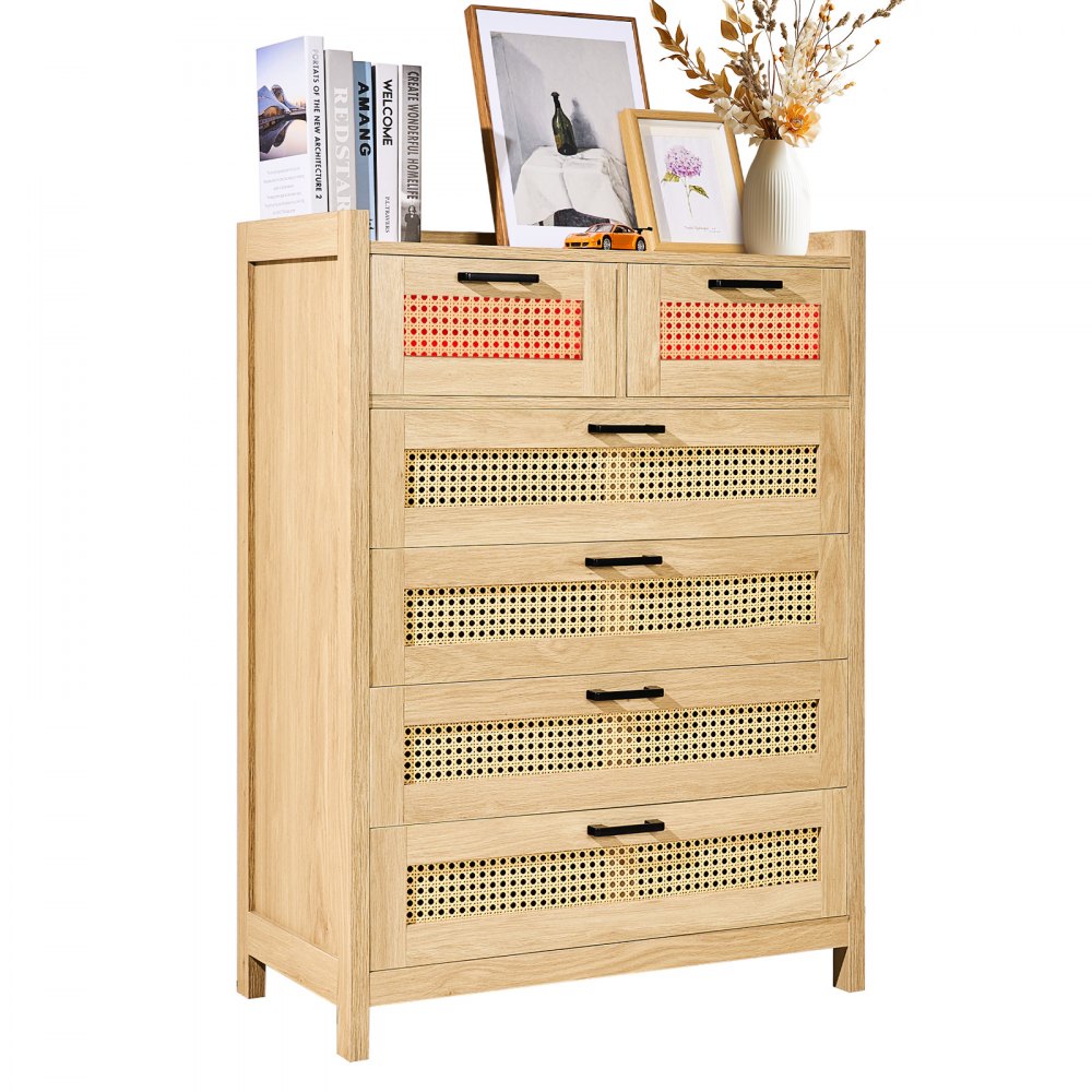VEVOR 5 Drawer Rattan Dresser, Boho Dresser, Rattan Chest of Drawers with Spacious Storage, Natural Rattan Dresser for Bedroom, Living Room & Hallway,Rattan Nightstand with Sturdy Handles&Legs, Brown - TBCTJ5CYMSDDP09ROV0