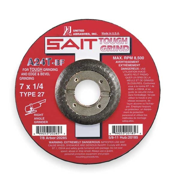 United Abrasives/Sait Rueda de Rectificado de Centro Deprimido, 27, 7" de Diámetro, 1/4" de Grosor, Tamaño de Orificio de Husillo de 7/8", Óxido de Aluminio - 20285