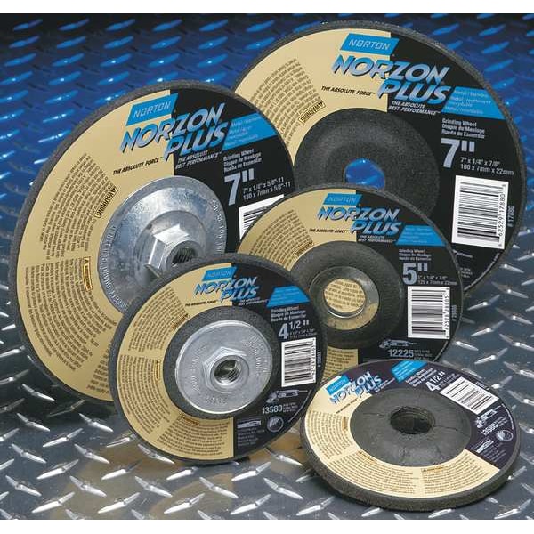 Ruedas de Centro Deprimido Norton Abrasivos, Tipo 27, 5 pulgadas de diámetro, 0.125 pulgadas de grosor, tamaño de agujero de árbol de 5/8"-11, Cerámica - 66252843330.