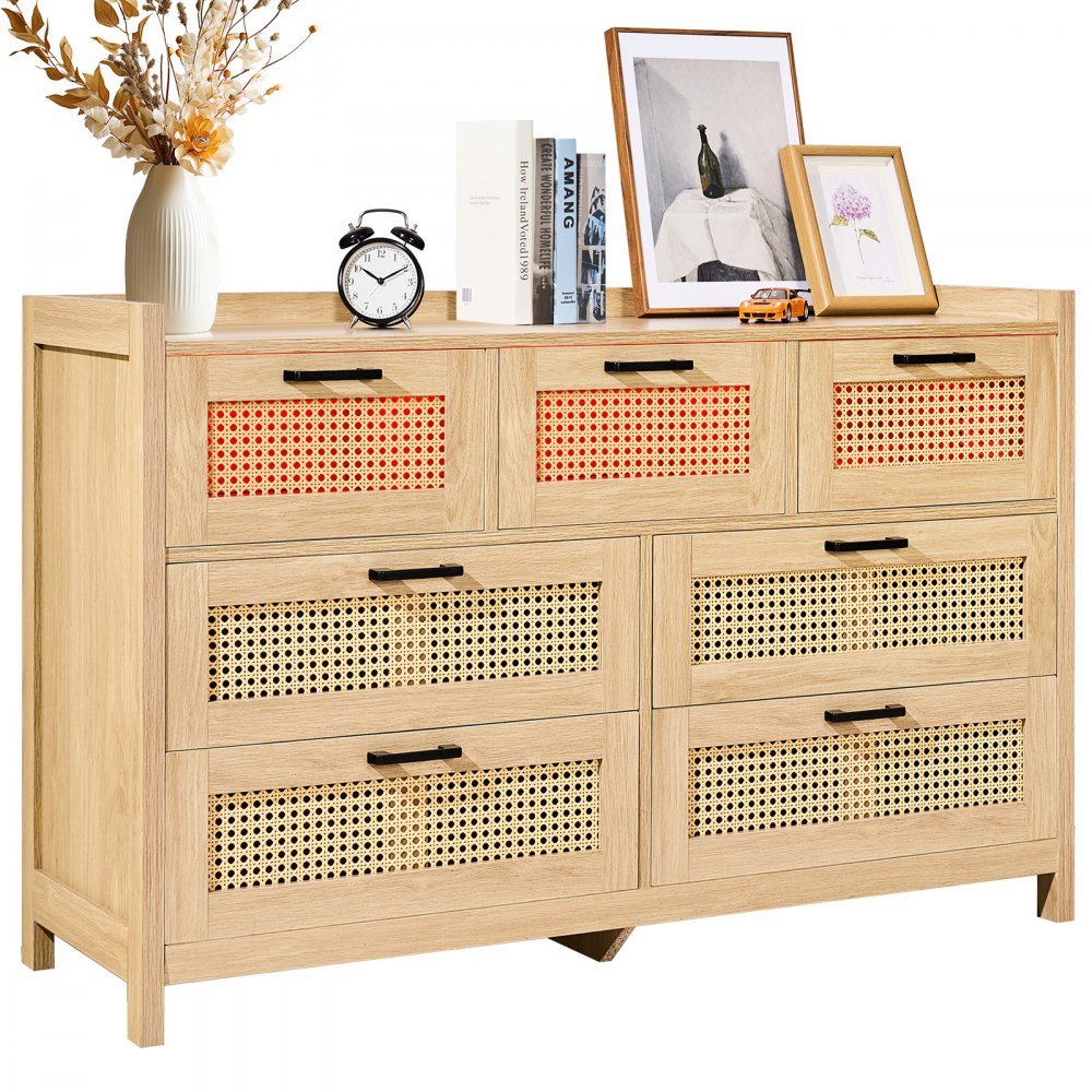 VEVOR 7 Drawer Rattan Dresser, Boho Dresser, Rattan Chest of Drawers with Spacious Storage, Natural Rattan Dresser for Bedroom, Living Room & Hallway,Rattan Nightstand with Sturdy Handles&Legs, Brown - TBCTJYMS7CDD6V0SVV0