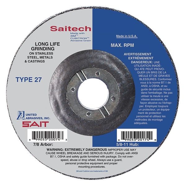 Rueda de corte y rectificado United Abrasives/Sait, 27, 7" de diámetro, 1/8" de grosor, tamaño de agujero en el eje de 7/8", cerámica - 22284
