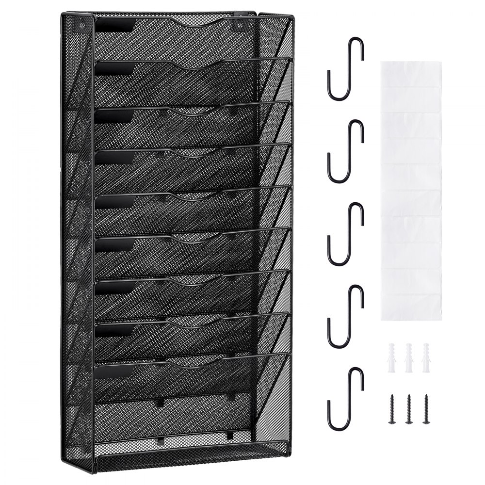VEVOR Hanging Wall Files Organizer, 10-Tier Vertical Wall File Holder, Metal Wall Mounted Magazine Mail Paper Document Storage Folder, with Nametag Label, Bottom Flat Tray, for Office Home & School - WJBGJHSWJSWS0OID1V0