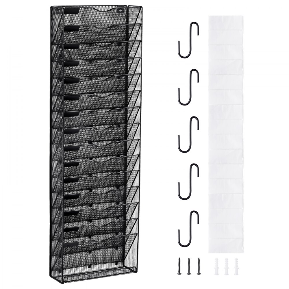 VEVOR Hanging Wall Files Organizer, 16-Tier Vertical Wall File Holder, Metal Wall Mounted Magazine Mail Paper Document Storage Folder, with Nametag Label, Bottom Flat Tray, for Office Home & School - WJBGJHSWJSWSGLDOLV0