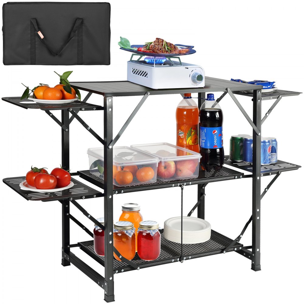 VEVOR Camping Kitchen Table, One-piece Folding Portable Cook Station with A Carrying Bag, Aluminum Camping Table 4 Iron Side Tables & 2 Shelves, Ideal for Outdoor Picnics, BBQs, Camping, RV Traveling - BJKYDCFHSBDSTYUGSV0