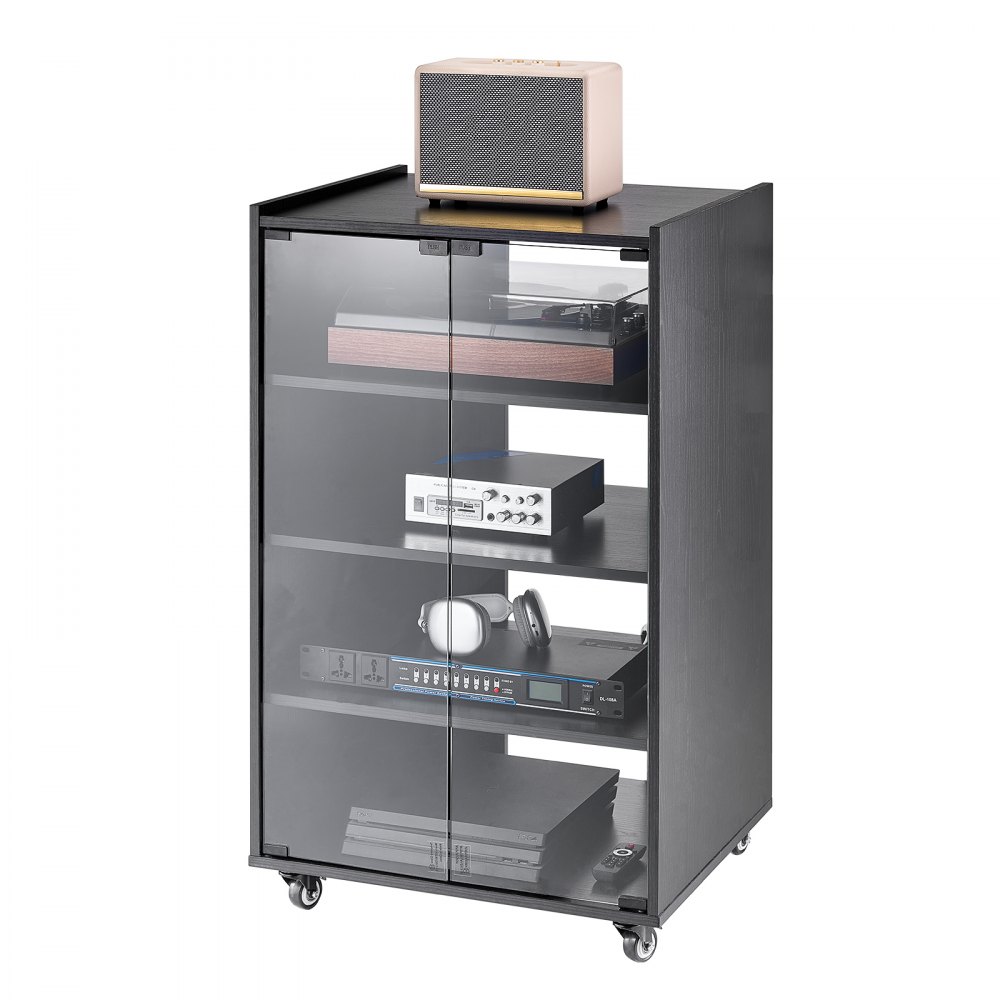 VEVOR 5-Tier AV Media Stand with Wheels, Wooden Audio-Video Media Stand for DVD Players/Cable Boxes/Games Consoles, Height-Adjustable Media Storage Cabinet for Gaming, Recording Room, Black - YPSBFZJLDS5CUQLUFV1