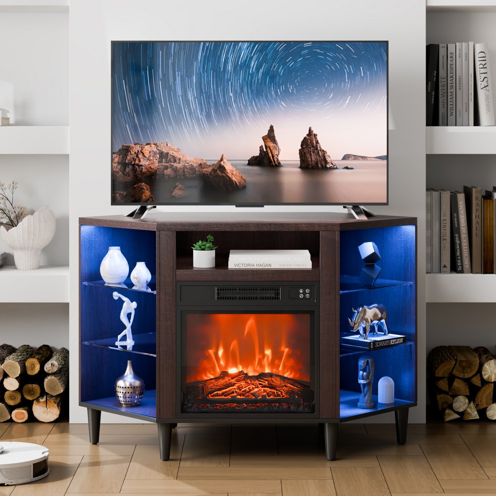 VEVOR Fireplace TV Stand for TVs 42", Media Storage Corner with 18" Fireplace, Storage Drawers & Cabinets, Pastoral TV Console Table with 20 LED Lights, Remote Control and Timer for Living Room, Brown - BLDSJ48CDSJ1C6RMFV1