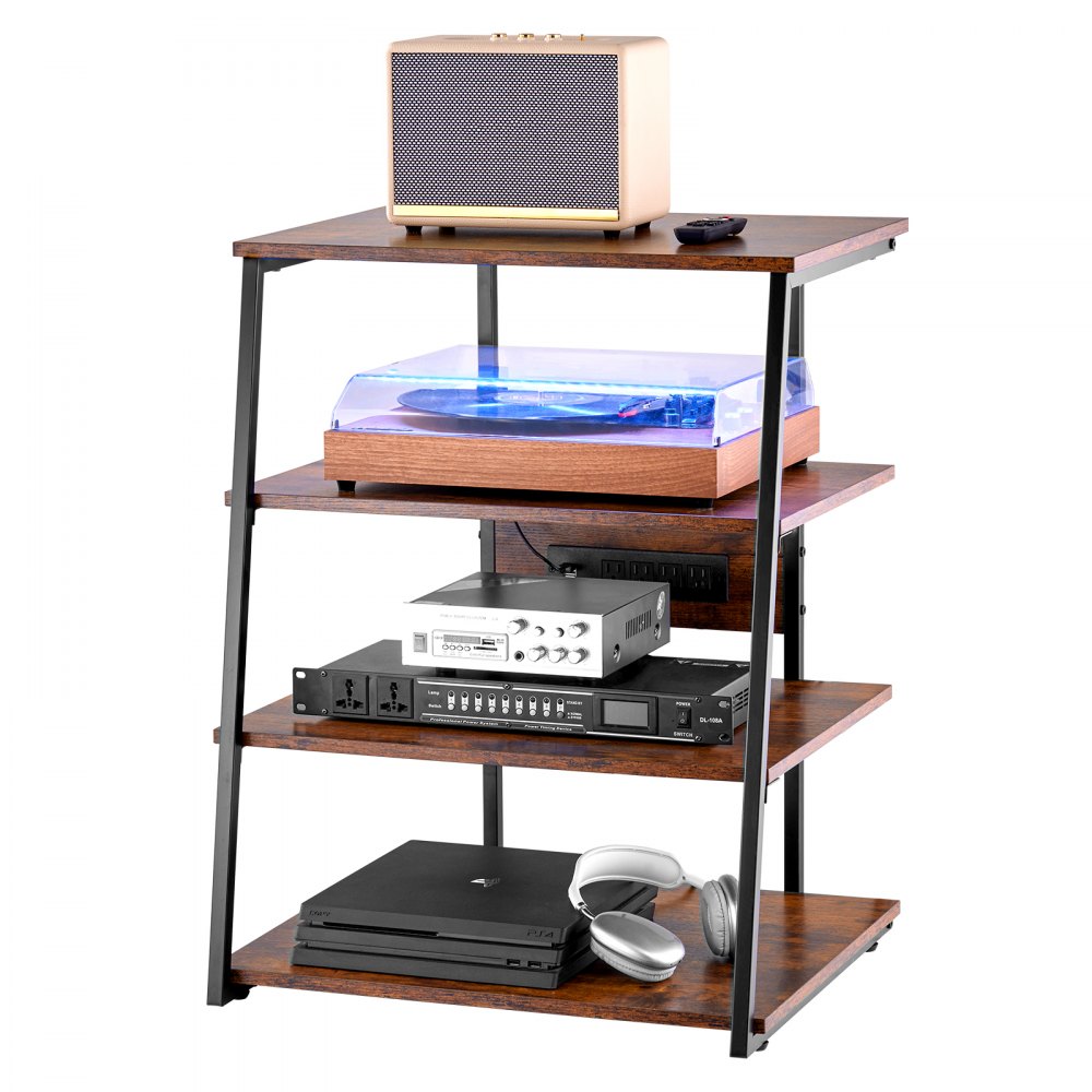 VEVOR 4-Tier AV Media Stand with Power Strips, Corner TV Stand with LED Lights, Height Adjustable Wooden Shelves for DVD Players/Cable Boxes/Games Consoles, Brown - YPSBFZJLDS4CWHSO6V1