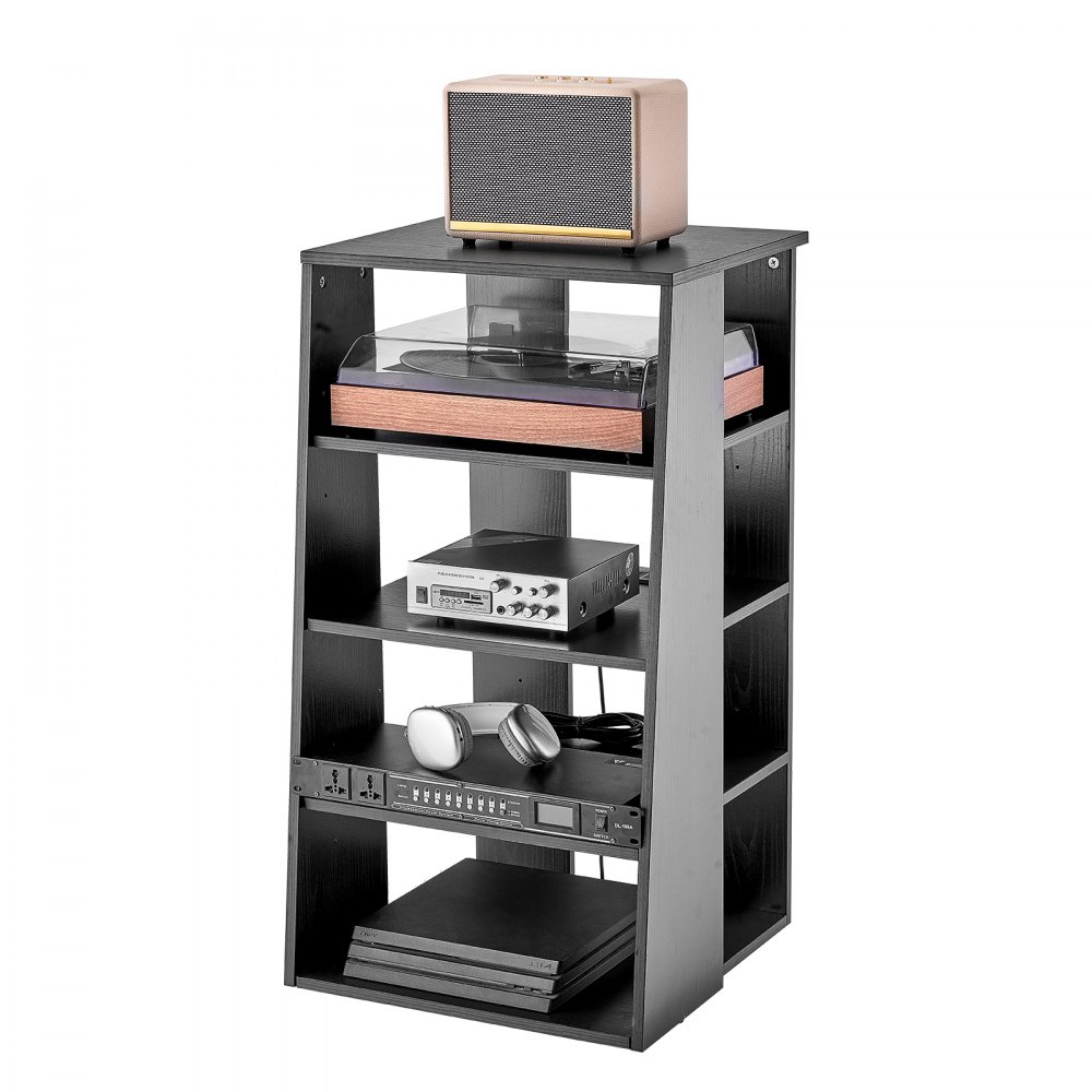 VEVOR 5-Tier AV Media Stand, Wooden Audio-Video Media Stand for DVD Players/Cable Boxes/Games Consoles, Height-Adjustable Media Storage Cabinet for Gaming, Recording Room, Black - YPSBFZJLDS5CIVWVWV1