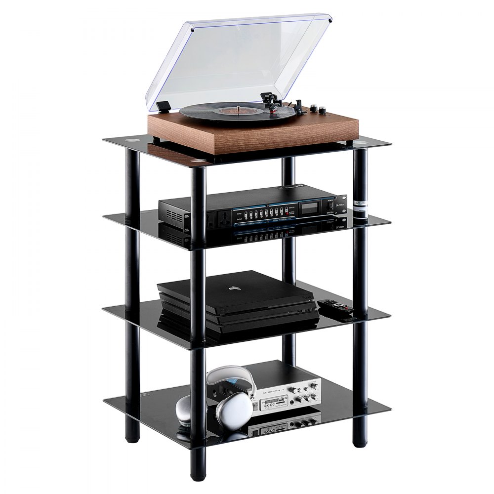 VEVOR 4-Tier AV Media Stand Strengthened Tempered Glass Audio-Video Media Stand, AV Media Stand Corner Shelf Corner Shelves Component Cabinet Stereo Audio Rack Stand Tower Perfect for DVD Players For Game Console/TV Box, Living Room Storage, Corner Entertainment Center, Black - YPSBFZJLDS4CAYKCWV0