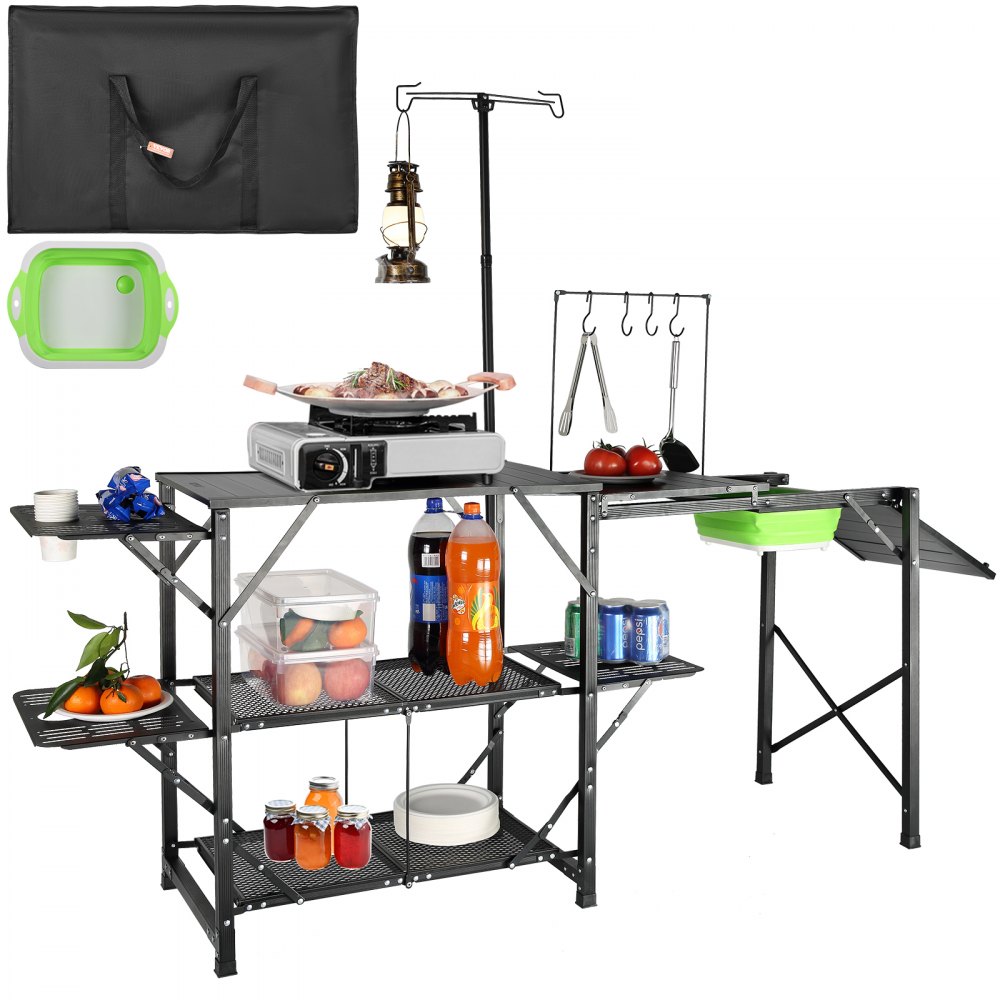VEVOR Camping Kitchen Table, One-piece Folding Portable Cook Station with A Carrying Bag, Long Aluminum Camping Table 3 Side Tables, 2 Shelves & A Detachable Sink for Outdoor Picnics, BBQs, Camping - BJKYDCFHSBZDSOTKJV0