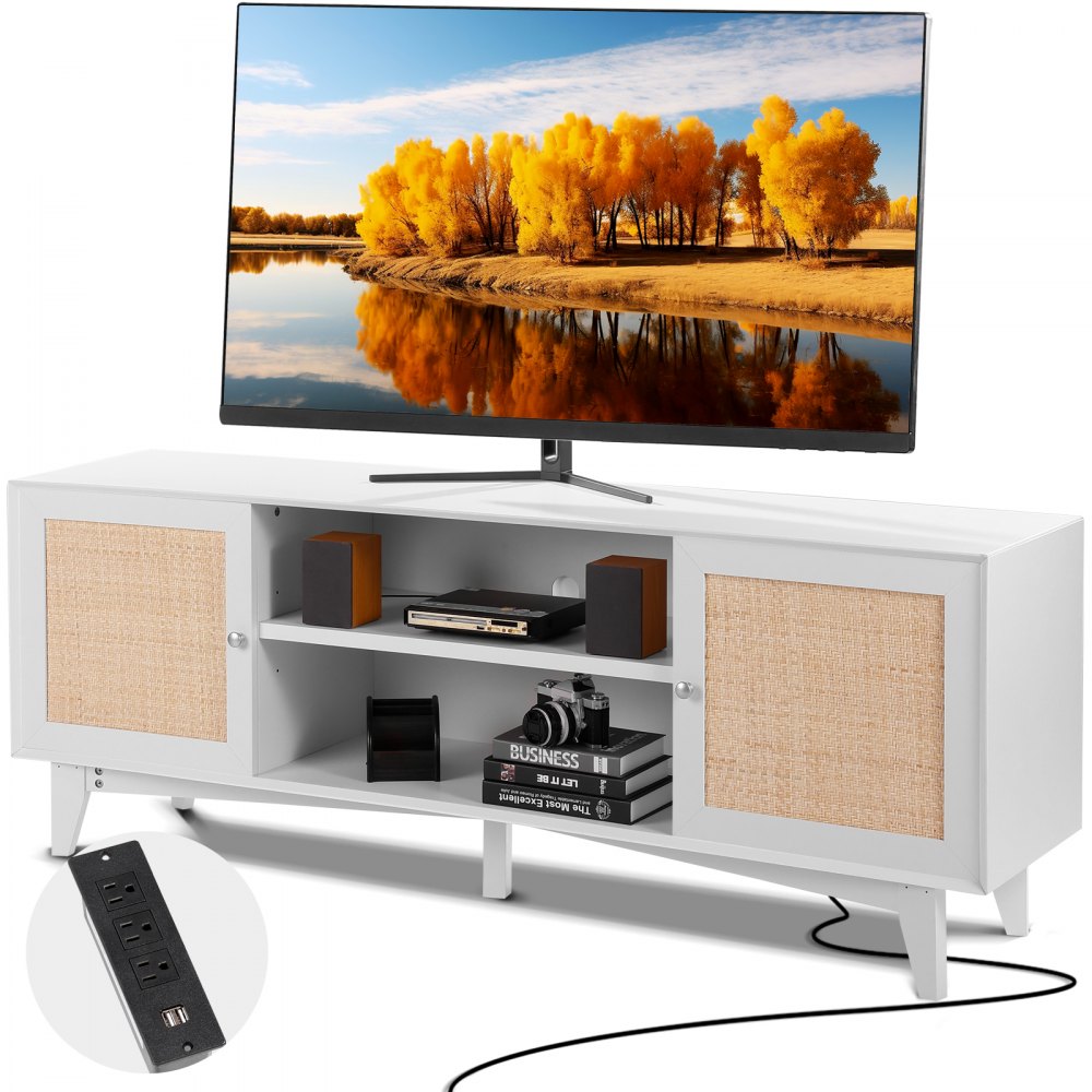 VEVOR Rattan TV Stand for 75in TV, Boho TV Stand with Rattan Door, Entertainment Center with Build-in Socket, Storage Cabinet with 2 Shelves, Modern TV Console for Living Room, Media Room, White - TBDSJ66INCHEZM914V1