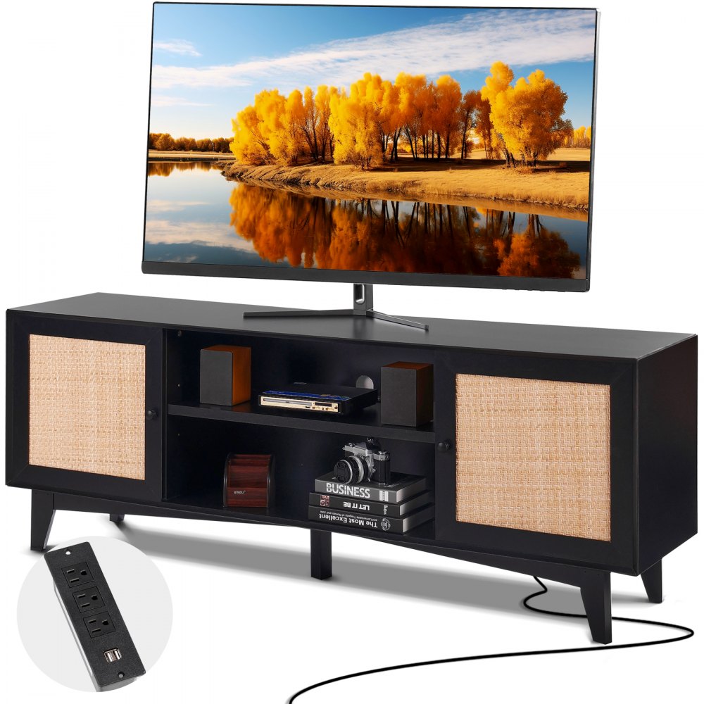 VEVOR Rattan TV Stand for 75in TV, Boho TV Stand with Rattan Door, Entertainment Center with Build-in Socket, Storage Cabinet with 2 Shelves, Modern TV Console for Living Room, Media Room, Black - TBDSJ66INCHEQ0NLRV1