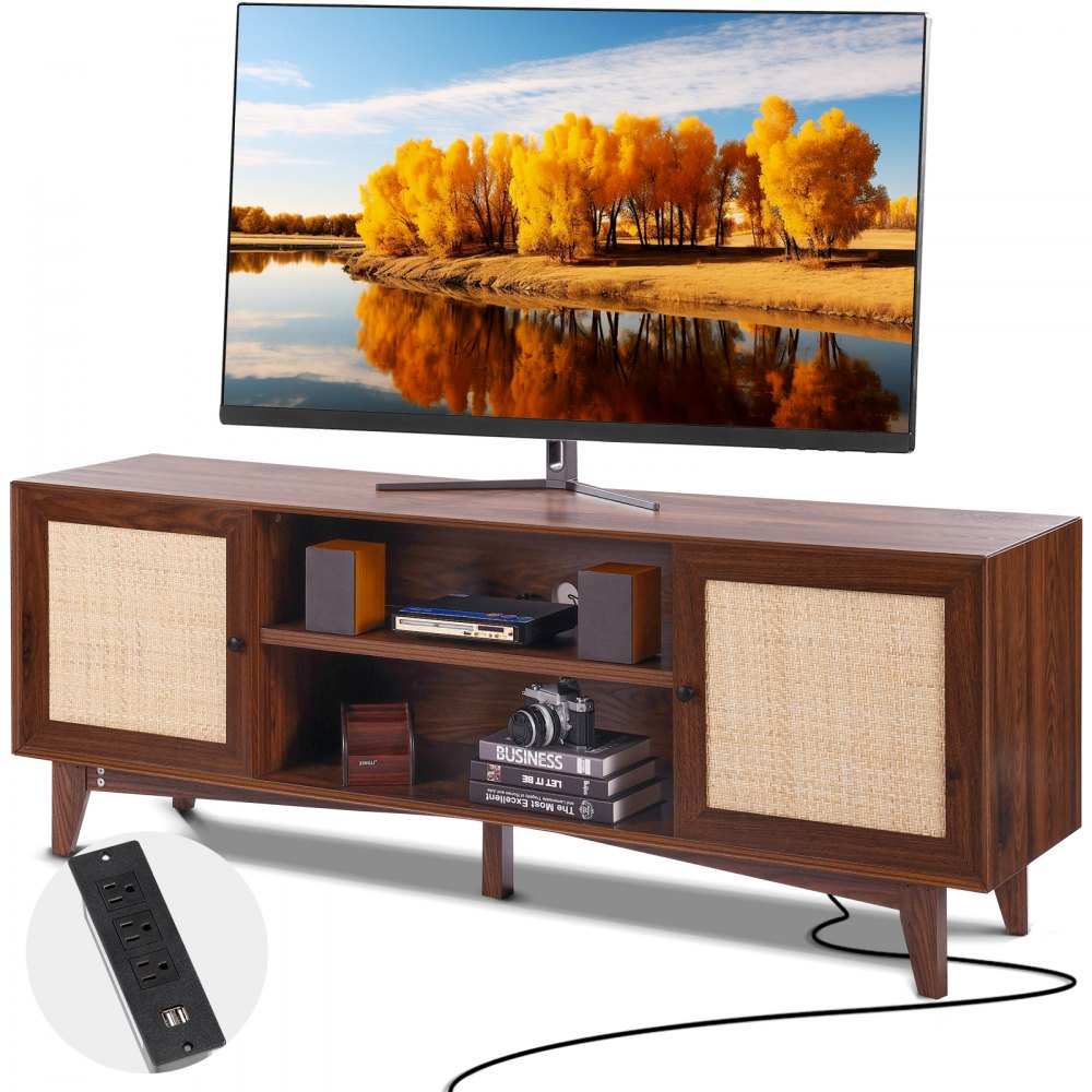 VEVOR Rattan TV Stand for 75in TV, Boho TV Stand with Rattan Door, Entertainment Center with Build-in Socket, Storage Cabinet with 2 Shelves, Modern TV Console for Living Room, Media Room, Walnut - TBDSJ66INCHE0TAMJV1