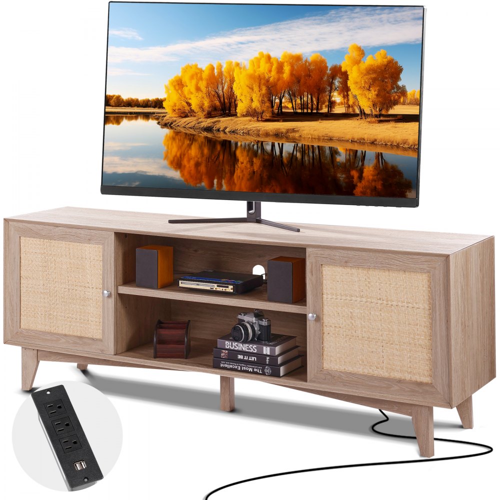 VEVOR Rattan TV Stand, Mid Century Modern TV Stand for 75 inch TV, Boho Rattan TV Cabinet with Build-in Socket and USB Ports, Adjustable Shelfs for Living Room, Media Room, Oak - TBDSJ66INCHEOANELV1