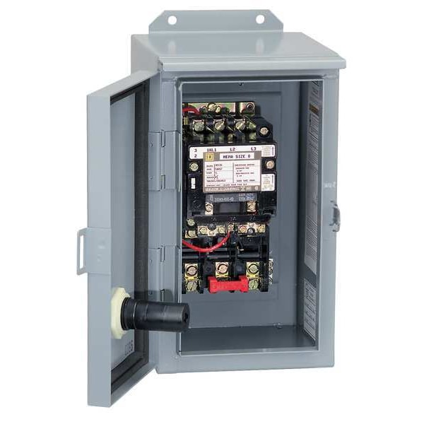 Interruptor magnético para motor Square D no reversible, clasificación NEMA 3R, 120V AC, 3 polos, sin contactos auxiliares - 8536SCA3V02S