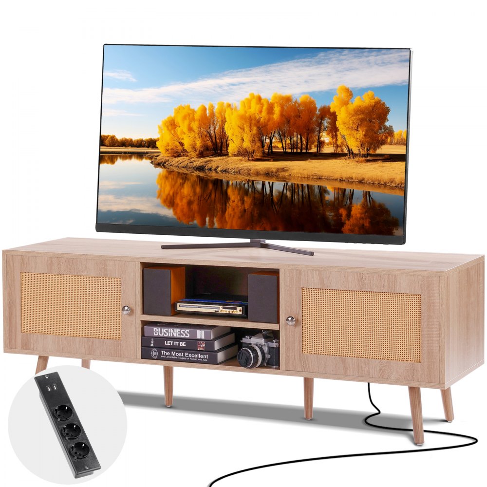 VEVOR Rattan TV Stand, Mid Century Modern TV Stand for 65 inch TV, Boho Rattan TV Cabinet with Build-in Socket and USB Ports, Adjustable Shelfs for Living Room, Media Room, Oak - TBDSJ55YCXMS61WF0V1