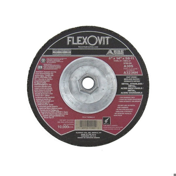 Flexovit HIGH PERFORMANCE Rueda de rectificado de centro deprimido de alta precisión Fast Grind, 6 pulgadas de diámetro x 1/4 de pulgada de grosor, A30S G - A3236H