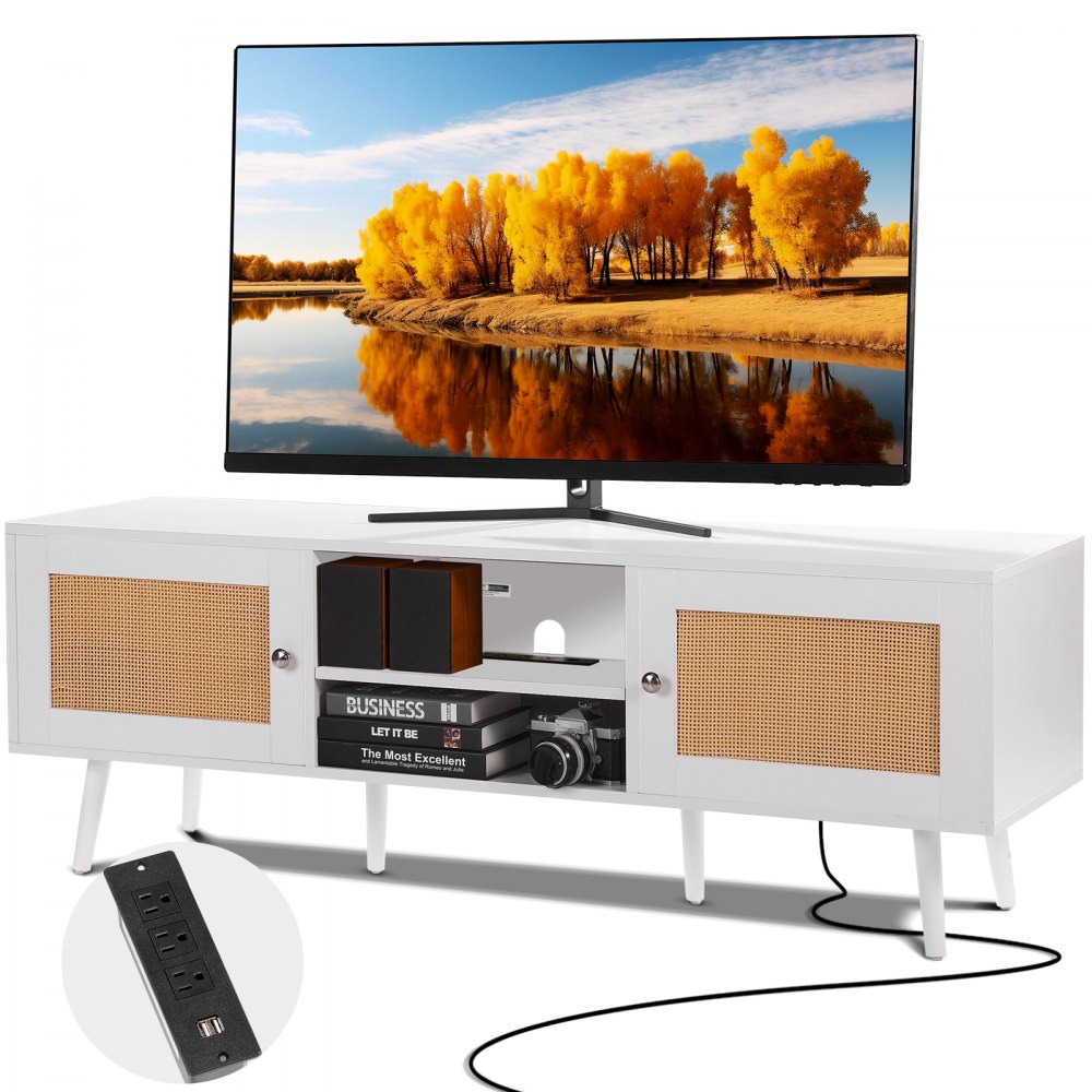 VEVOR Rattan TV Stand for 65 inch TV, Boho TV Stand with Rattan Door, Entertainment Center with Build-in Socket and USB Ports, Modern TV Console for Living Room, Media Room, White - TBDSJ55YCBSL3PJVTV1