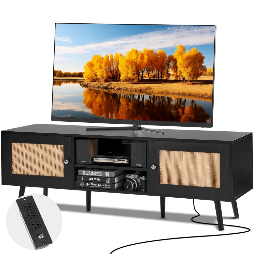 VEVOR Rattan TV Stand for 65 inch TV, Boho TV Stand with Rattan Door, Entertainment Center with Build-in Socket and USB Ports, Modern TV Console for Living Room, Media Room, Black - TBDSJ55YCHSLT8DGQV1